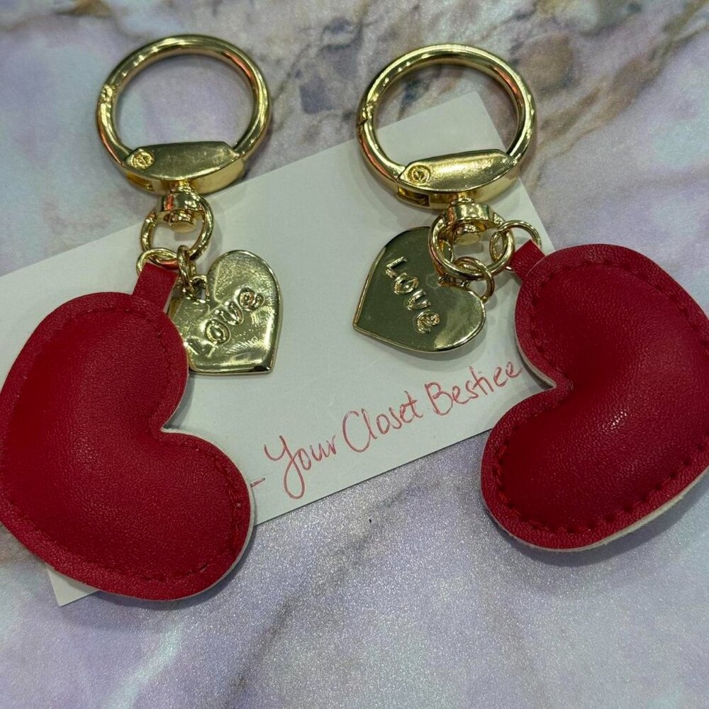 Red Leather Heart Keychain With Gold Hardware & LOVE on a metal heart - NEW - Picture 3 of 5